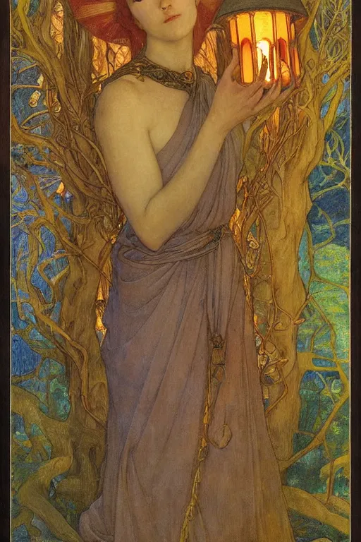 Prompt: queen of the forest with her lantern, by Annie Swynnerton and Nicholas Roerich and jean delville, dramatic cinematic lighting , ornate headdress , flowing robes, lost civilizations, extremely detailed