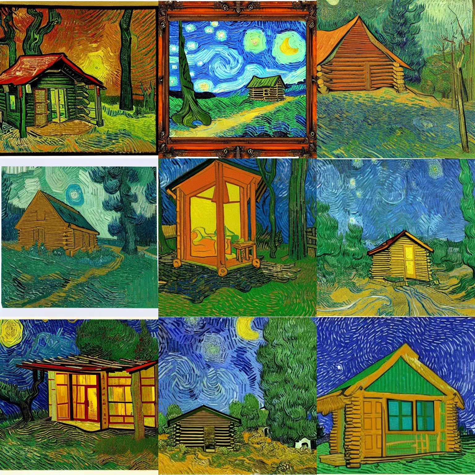 Prompt: [ a log cabin in the forest ] [ van gogh ] [ future ]