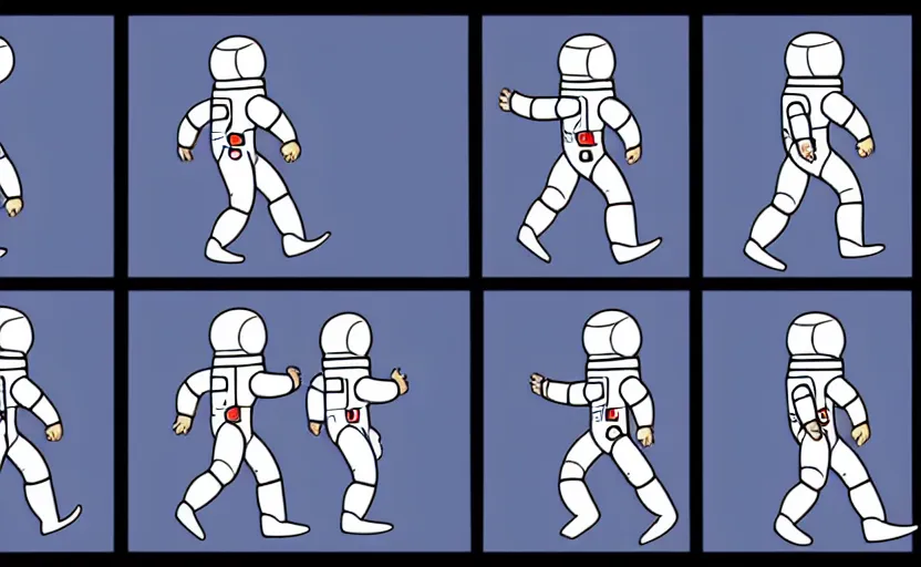 Image similar to 4 frame walk cycle of a cartoon astronaut, walk cycle animation sheet