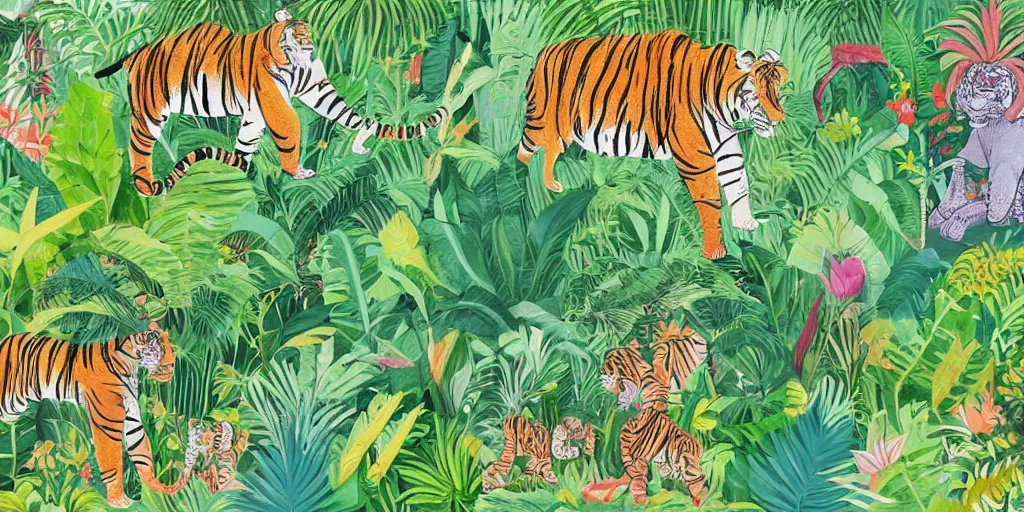 Prompt: detailed illustration, a lush tropical jungle in the style of may gibbs, tiger, elephant, 🐅, 🐘, layered composition, layers, texture, textured, layered, sculpted, dynamic, jungle, tropical, 🌱, 🦋,