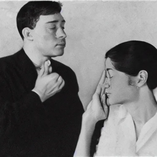 Prompt: a man hypnotizes a woman by touching her face