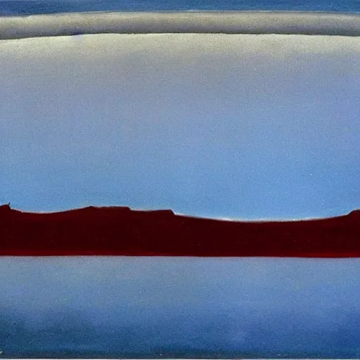 Image similar to the epic abstract painting'blue arctic void with black and red aurora borealis above a minimalist inuit sculpture made of whale rib bones ', by caspar david friedrich!!!, by rothko!!!, stunning masterpiece, trending on artstation