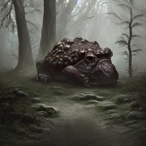 Image similar to giant evil toads in the forest, toads, foggy, atmospheric, highly detailed, hyperrealistic, gothic horror, by randy vargas