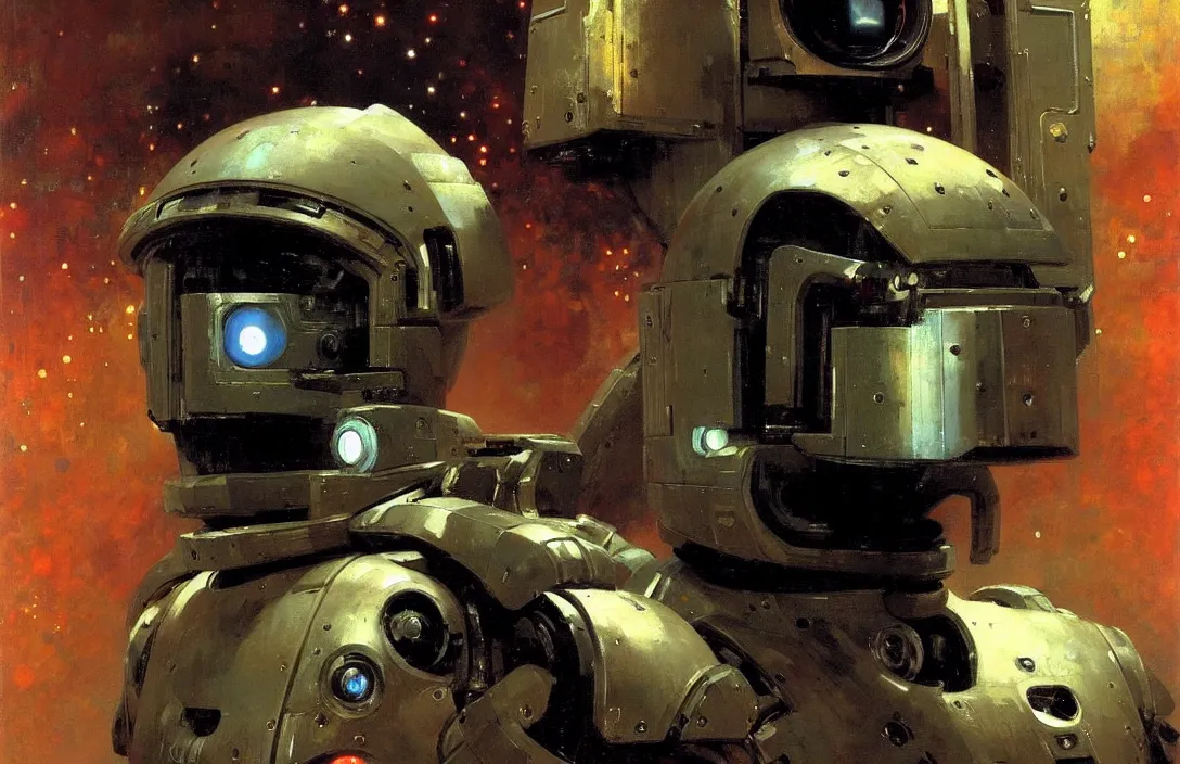 Prompt: portrait of futuristic space robot!!!!!!!!!!!!!!!!!!!!!!!!!!!, detailed face, detailed painting,, epic lighting, by ilya repin, phil hale and kent williams