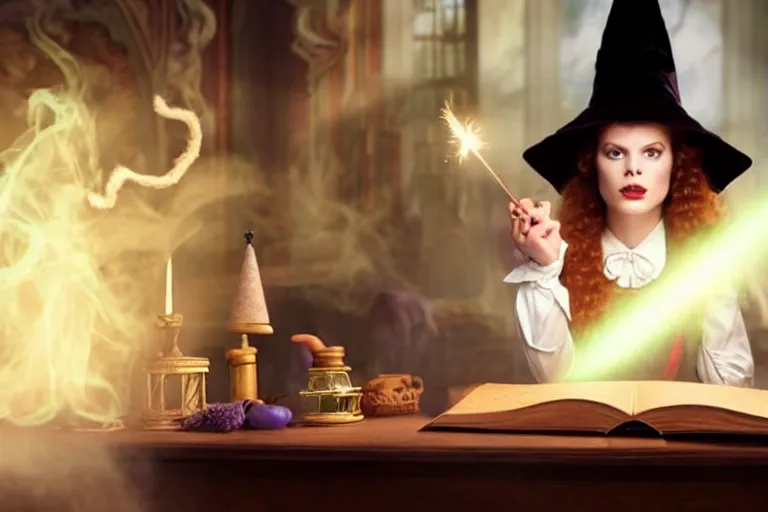 Image similar to close up portrait, dramatic lighting, teen witch calmly pointing a magic wand casting a spell over a large open book on a table with, short hair, cat on the table in front of her, sage smoke, a witch hat cloak, apothecary shelves in the background, still from alice in wonderland and peter pan