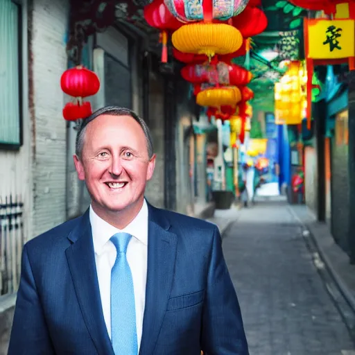 Image similar to a beautiful studio photo portrait of john key in chinatown, happy and smiling