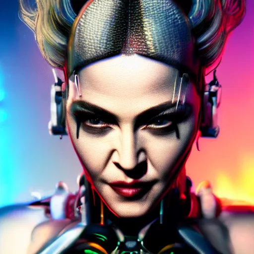 Image similar to madonna portrait, Cyberpunk 2077, photorealistic, ultra detailed, cybernetic head, neon, octane, bokeh, cyber, cyber style, feature, scars, cyberface, 8k