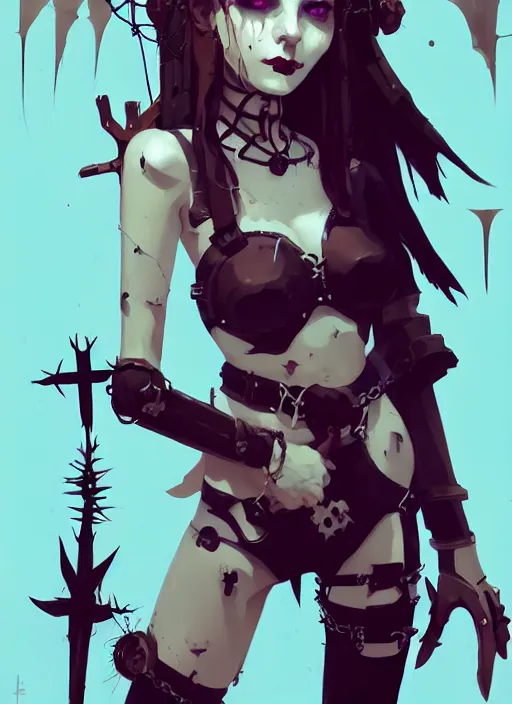 Image similar to portrait of cute goth maiden girl with crown of thorns, dressed in belts bikini, warhammer, cyberpunk, by atey ghailan, by greg rutkowski, by greg tocchini, by james gilleard, by joe gb fenton, by kaethe butcher, dynamic lighting, gradient light blue, brown, blonde cream and white color in scheme, grunge aesthetic