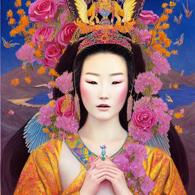 Prompt: beautiful portrait of a mongolian queen goddess in a sensual pose covered with flowers, princess spreading it's wings like an angel, sexy face with full makeup, intricate, volumetric lighting, beautiful, rich deep colours masterpiece, sharp focus, ultra detailed, in the art style of bowater, charlie, brom, gerald, with lake baikal in the background