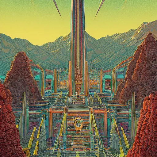 Image similar to highly detailed illustration of a temple on a strange planet, juxtapoz magazine, moebius, kilian eng, behance, deviant art, thomas rome