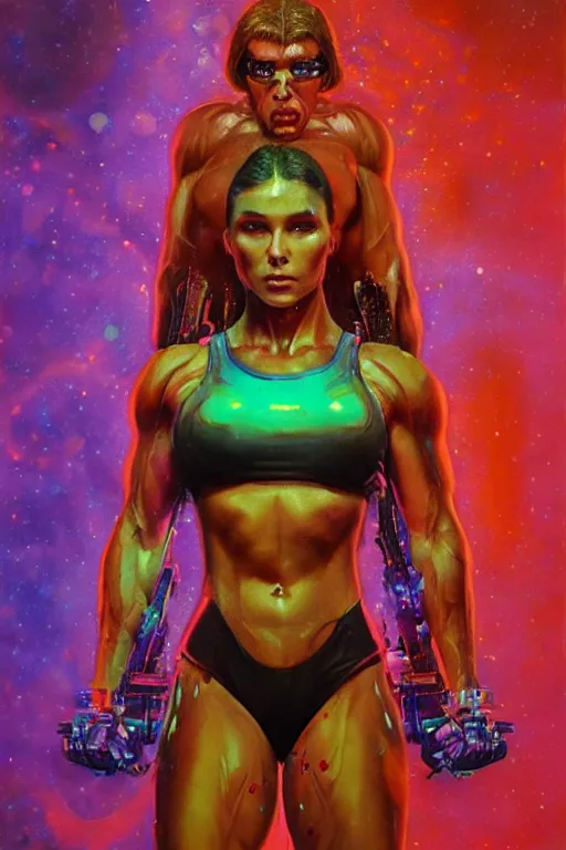 Image similar to body builder, extremely muscular madison beer, in the style of johan grenier and john picacio and alan m. clark, trending on artstation, bioluminescence tilt - shift blade runner 2 0 4 9, crayon art, futuresynth, splash art, post - minimalism