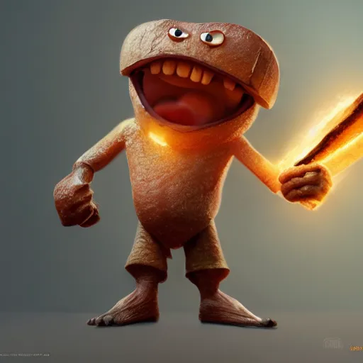 Prompt: battle toast, a slice of toasted bread with a face, arms and legs, holding a sword, cute, pixar, volumetric lighting, dynamic composition, fantasy, hyper detailed, ultra realistic, sharp focus, octane render, concept art by ruan jia and heng z and artem