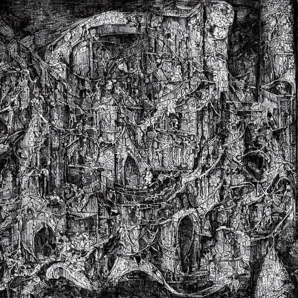 Prompt: fractal jail, panopticon, black and white medieval lithography, malevolent spirits dripping out, mutant rats