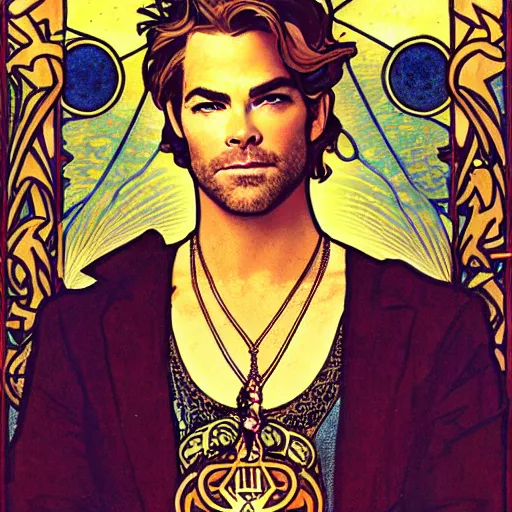 Image similar to chris pine portrait by louis - theophile hingre and alphonse mucha, realistic, sharp focus, zodiac signs, tarot cards, planets, ethereal, art nouveau, magic, moon, sun, crown, dreamy, royal, jewellery