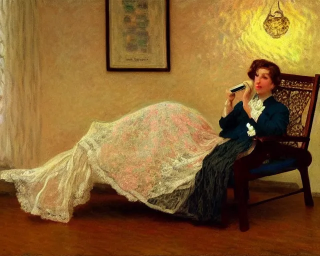 Prompt: beautiful vintage woman sitting in a loveseat using a rotary phone, cinematic lighting, albert bierstadt, claude monet, artstation