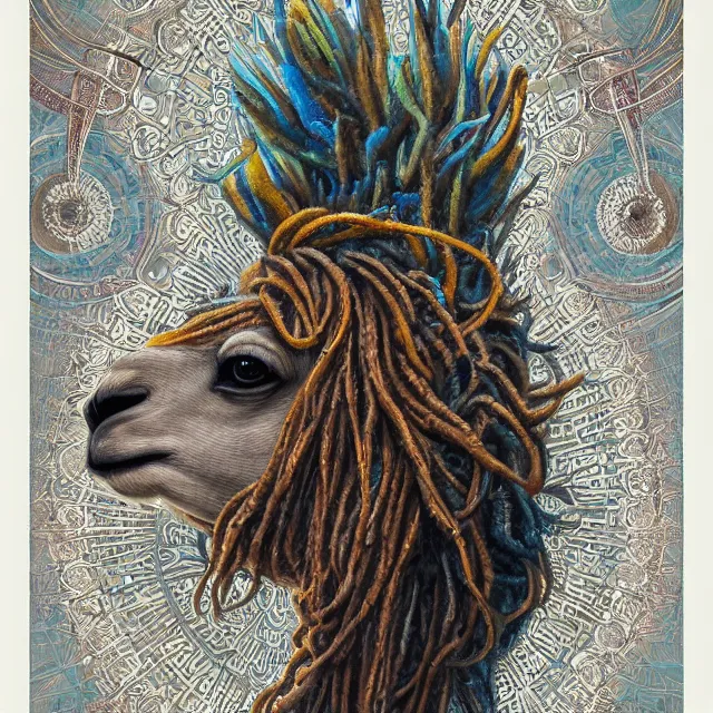 Prompt: llama with dreadlocks, by mandy jurgens, ernst haeckel, james jean. in the style of art deco