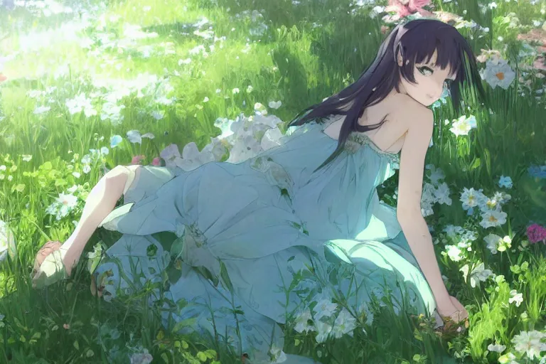 Image similar to a depressed digital art, loli in dress, garden, green and warm theme, blue accents, back lighting, highly detailed, 4 k resolution, trending on art station, by krenz cushart and mucha and akihito yoshida and greg rutkowski and makoto shinkai