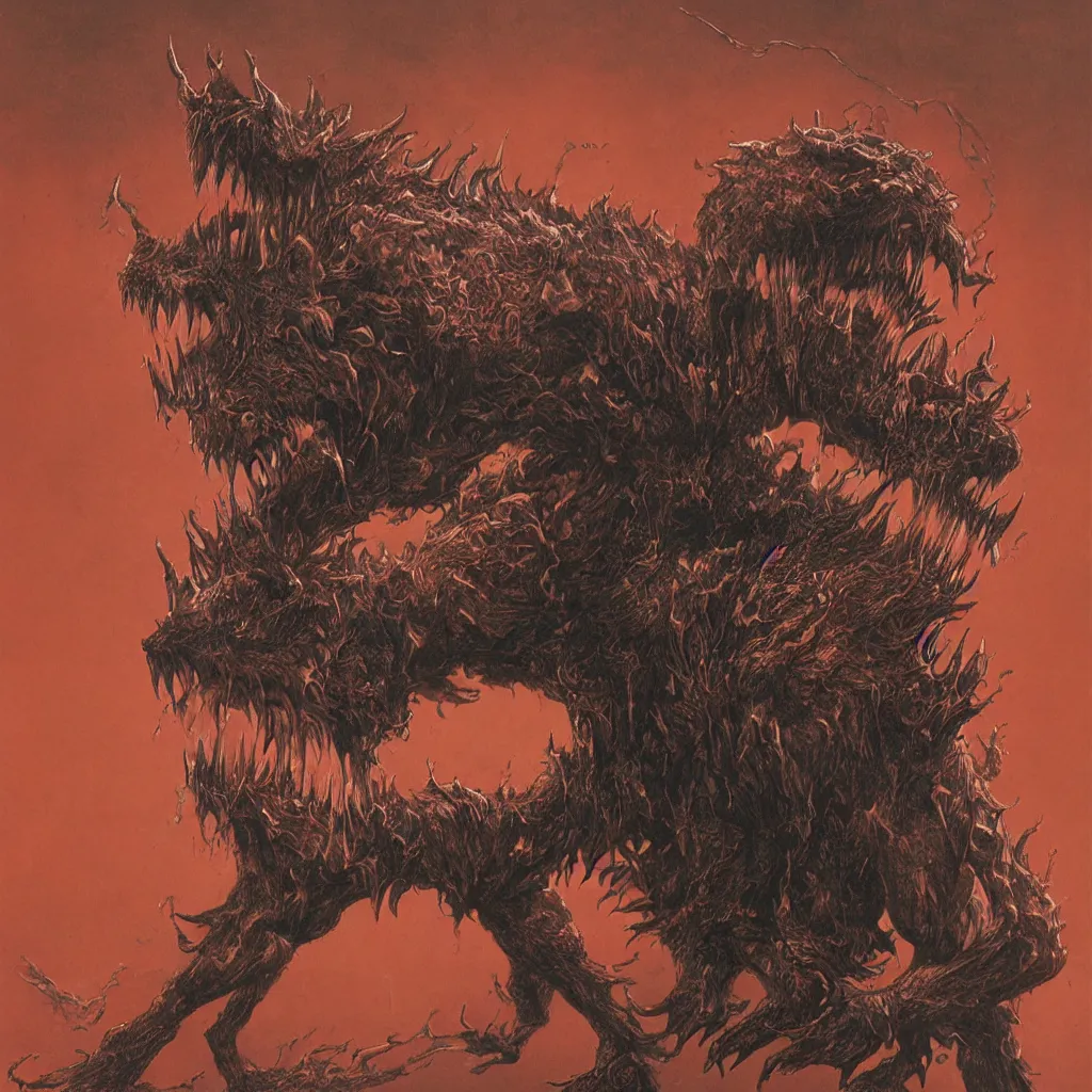 Image similar to demonic and deformed hyena, breathing fire out of its mouth, in the style of zdislaw beksinski