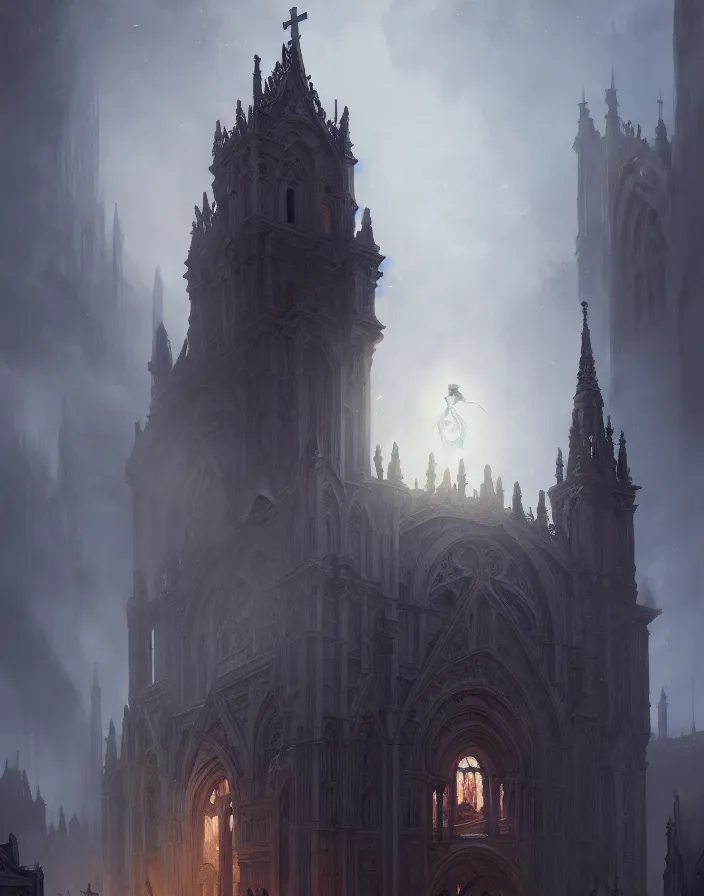 Image similar to A beautiful digital painting of a Grim Reapper, ancient catedral behind her, intricate, cinematic lighting, highly detailed, digital painting, Artstation, concept art, smooth, sharp focus, illustration, art by Tom Bagshaw, Artgerm and Greg Rutkowski