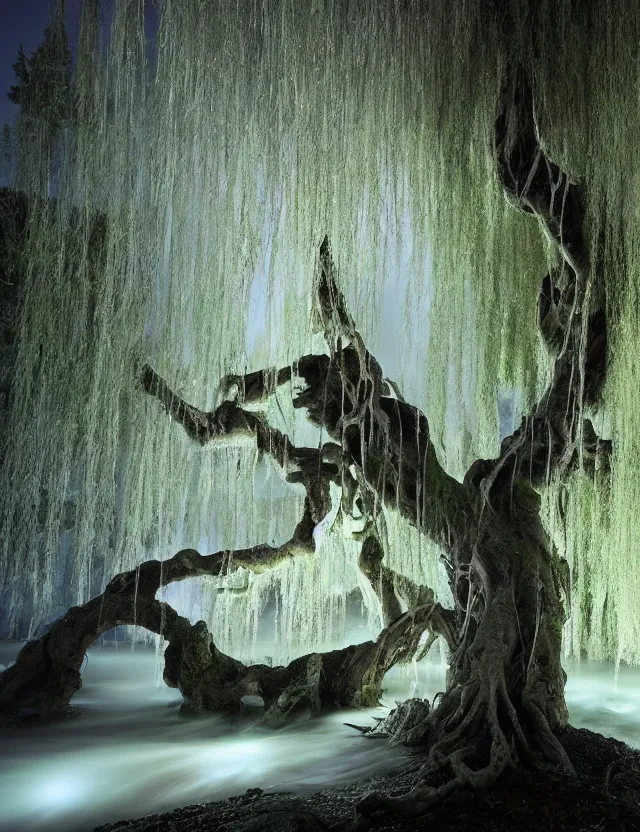 Prompt: a mystical shot of an epic ancient willow tree with glowing lights in the branches with buttressed roots rising above a cairn with waterfalls and rivulets of water running down into an underground lake at dawn by james jean by pascal blanche, at dawn, volumetric light, spirals, recursion, spiritual light, houdini particles