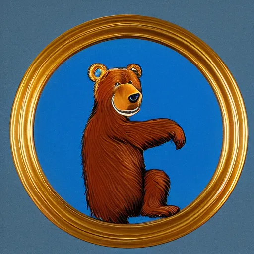 Image similar to a photo in a circular ornate golden frame, of a brown and red college mascot bear wearing blue jeans sitting on the bleachers inside the gym,