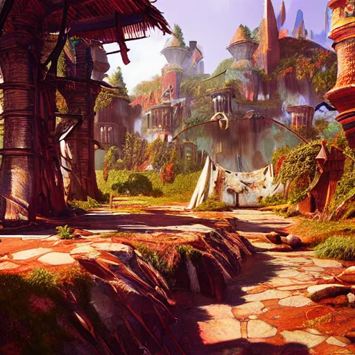 Prompt: fantasy village cryengine render by android jones, syd mead, and john stephens