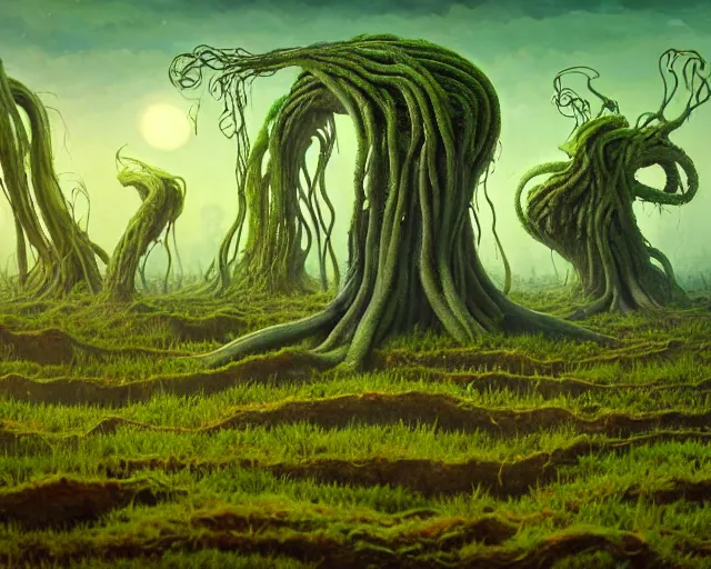 Image similar to A surreal swampy landscape with tall tentacular roots rising out of the ground like an alien planet, no vegetation except for small plants, wide-angle lens effect, creeper, low-poly, cinematic. 16k render. Impressionist painting style. Matte painting, hyperrealistic, photorealism, detailed. HDR lighting. Widescreen format, HDR. Film grain. Wide screen format, HDR.