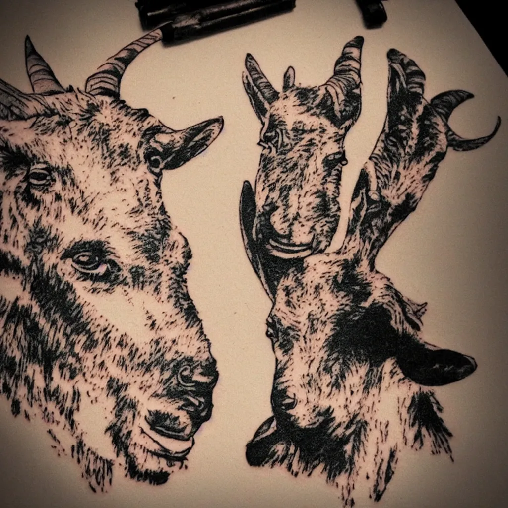 Image similar to A tatoo stencil of a goat biting a cinnamon churro