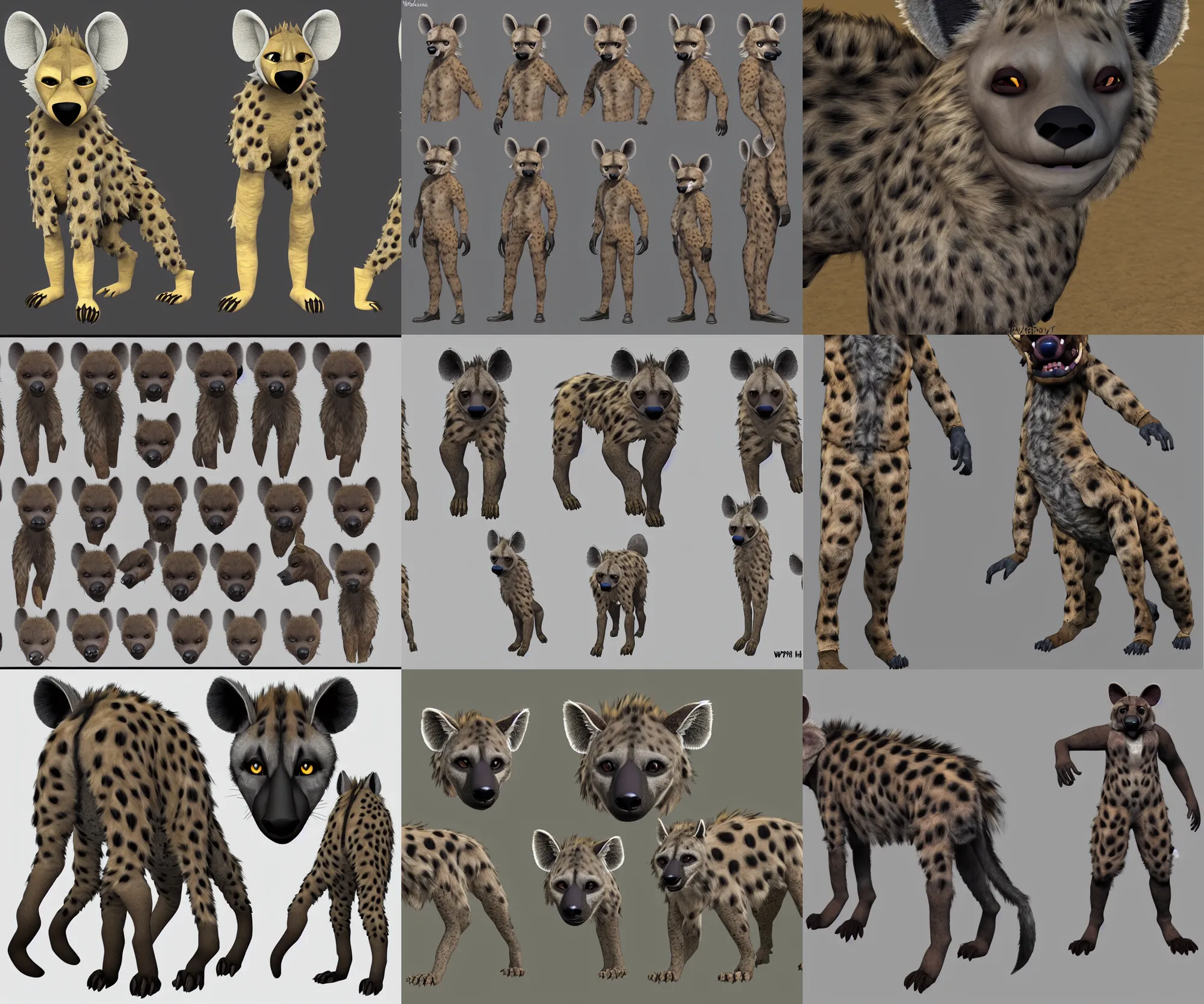 Prompt: a furry hyena fursuit reference sheet, high - resolution, photorealistic, trending on weasyl