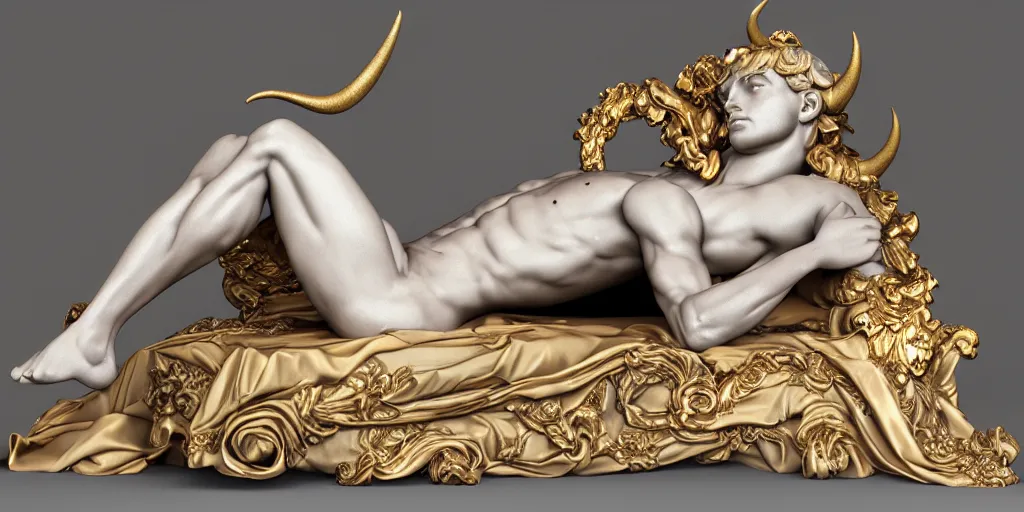Image similar to baroque delicate full-body marble sculpture of reclining handsome horned teenage demon-boy laying back on a bed with his arm behind his head, gold silk flowing fabric,, Trending on artstation, octane render, cinematic, hyper realism, octane render, 8k, depth of field
