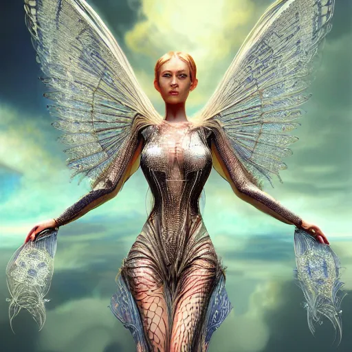 Prompt: a beautiful symmetrical woman full body wearing diamond cloth with translucent wings by alex gray and android jones , Karol Bak, Ayami Kojima, Amano , concept art, character design, fantasy,3D, 8k resolution