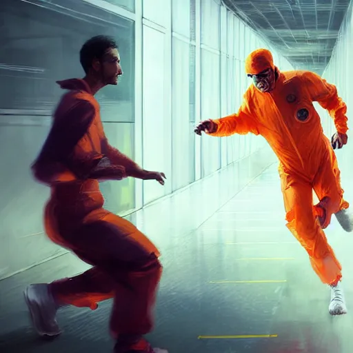 Prompt: a man in an orange jumpsuit running through a laboratory,digital art,art by greg rutkowski,ross tran,artstation,deviantart,photorealistic,hyperdetailed,detailed face,dramatic,cinematic,high quality