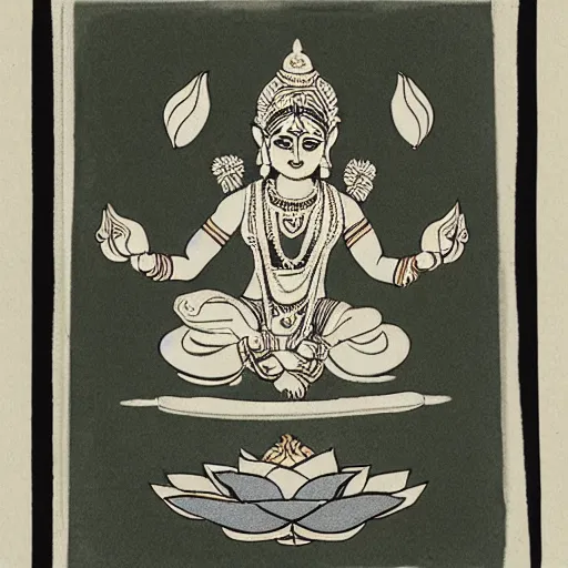 Image similar to four armed indian goddess lakshmi sitting on a lotus, minimalistic style