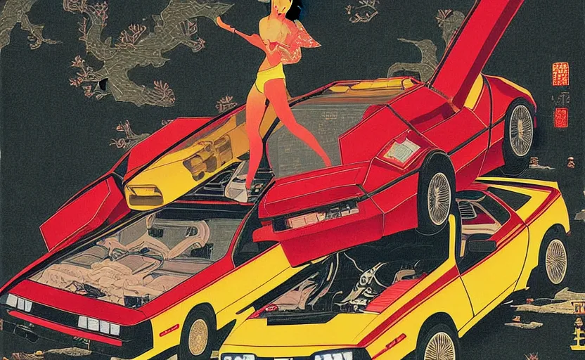 Image similar to a red delorean and a yellow tiger in ajegunle, painting by hsiao - ron cheng, utagawa kunisada & salvador dali, magazine collage style,