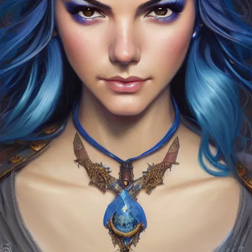 Image similar to A combination of Victoria Justice's and Odette Annable's faces with blue hair, western, D&D, fantasy, intricate, elegant, highly detailed, digital painting, artstation, concept art, matte, sharp focus, illustration, art by Artgerm and Greg Rutkowski and Alphonse Mucha