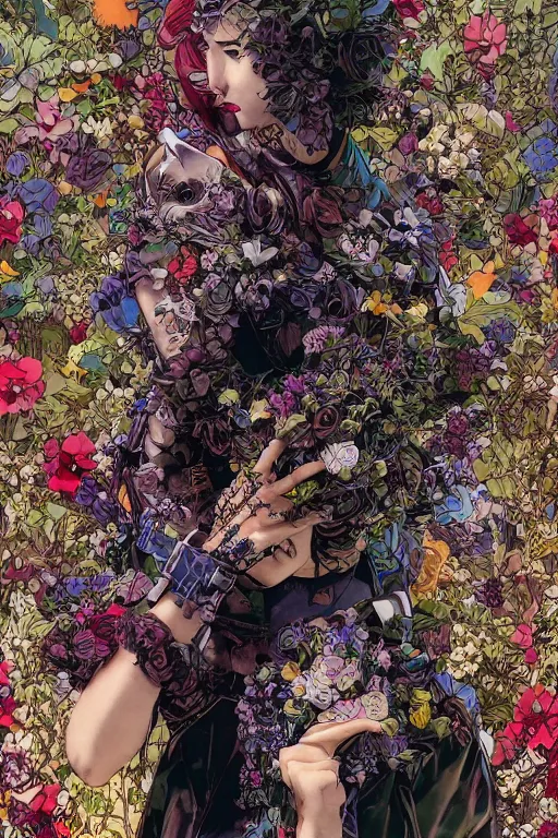 Prompt: cyberpunk fashion model wrapped in flowers and wired, vintage style, by yoichi hatakenaka, masamune shirow, josan gonzales and dan mumford, ayami kojima, takato yamamoto, barclay shaw, karol bak, yukito kishiro