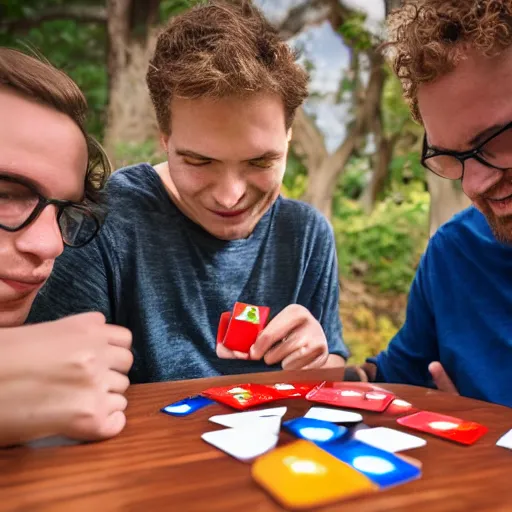 Prompt: 3 friends playing uno at a wooden table, realistic, detailed, 8k, hd, award winning photo