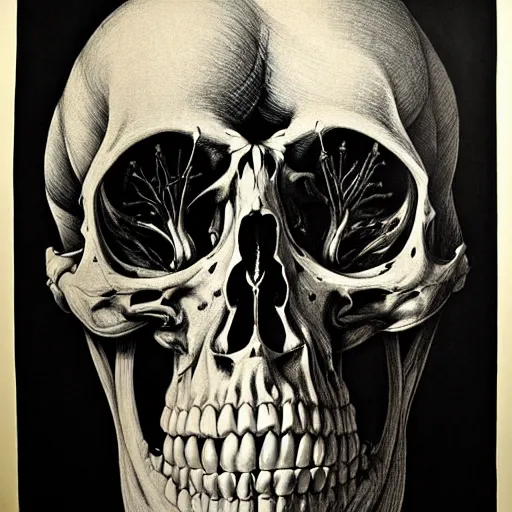 Image similar to scull anatomical atlas dissection cut lithography on paper conceptual figurative ( post - morden ) monumental dynamic soft shadow portrait drawn by hogarth and escher, inspired by goya, illusion surreal art, highly conceptual figurative art, intricate detailed illustration, controversial poster art, polish poster art, geometrical drawings, no blur
