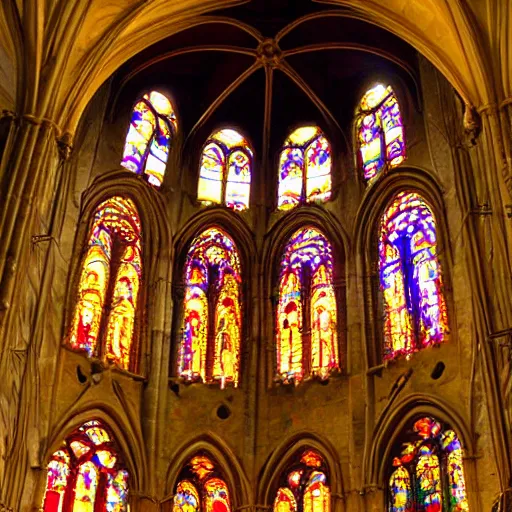 Image similar to a dramatically lit cathedral with candles and god rays, made of fruit and vegetables. The rose window is made from a giant orange slice.