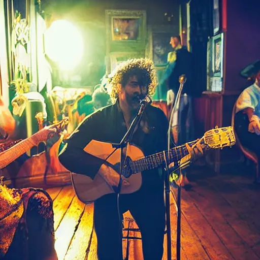 Image similar to a gipsy singer sings a jazz song in a crowded pub, award-winning photograph, dark, golden hour, colorful, night