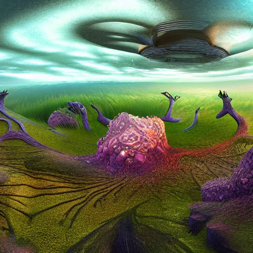 Image similar to bio-inspired design, alien nature, reaction-diffusion panoramic,octane render,michael whelan style,psychedelic clouds