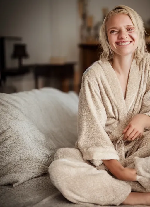 Prompt: homely but adorable blonde woman, healed scars and scratches across left cheek, wearyworn but optimistic expression, wearing beige pajamas and robes