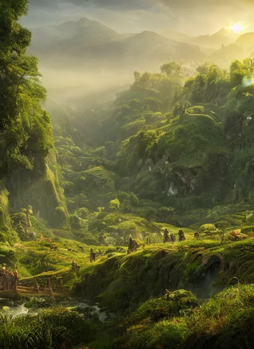 Image similar to in the distance a symmetrical fairy flying in a lord of the rings scenery landscape, a vast lush valley flowers and wood structures, stream, sunrise, god's rays highly detailed, vivid color, cinematic lighting, perfect composition, 8 k, gustave dore, derek zabrocki, greg rutkowski, belsinski, octane render