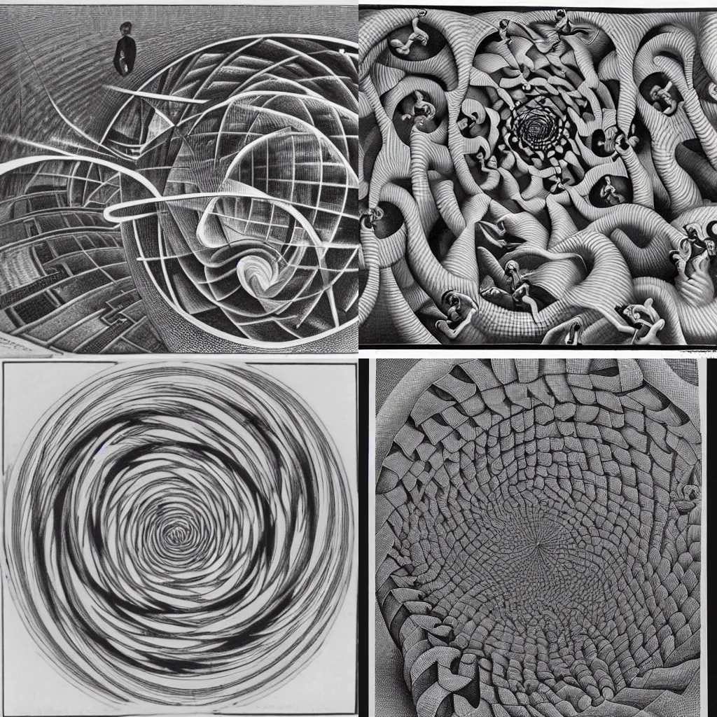 Prompt: a huge number swirling in the air around a mathematician by m. c. escher,