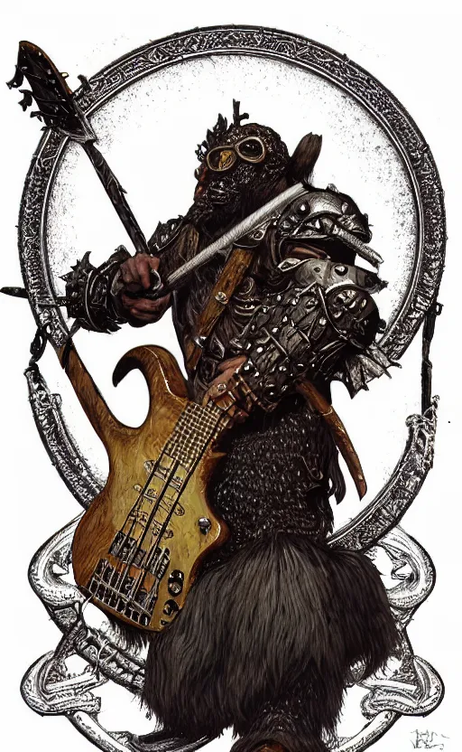 Prompt: bugbear playing flaming ibanez bass guitar, black beard, class hunter, d & d, dungeons and dragons, ornate jeweled steel armour,, male, strong outline, flat colour, cell shaded,, character design on white background, painted by norman rockwell, tom bagshaw, mucha, gaston bussiere, craig mullins, j. c. leyendecker 8 k