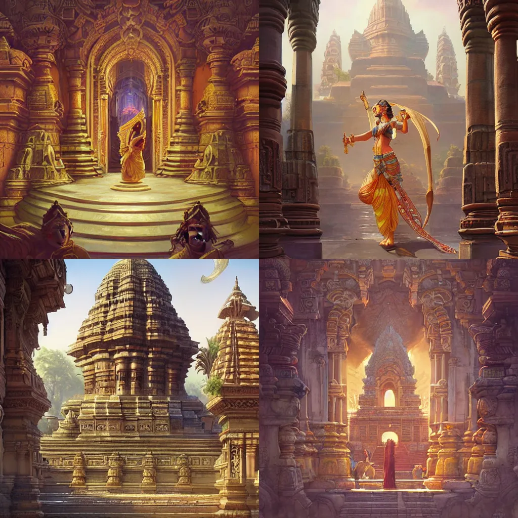 Prompt: a grand ancient Hindu temple in the middle of an ancient city, sacredness, cinematic, concept art, smooth, sharp focus, illustration, art by artgerm and greg rutkowski and alphonse mucha