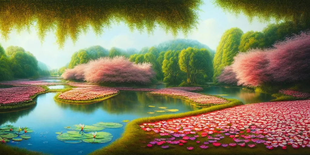 Image similar to a real photographic landscape painting with incomparable reality, wide angle, in forest, flowers, peach tree in full bloom, waterlily pond, bright style, harry potter, clearing,, john howe, magnificent, artstation