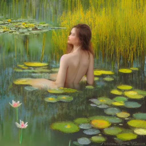 Image similar to painting of a beautiful nymph bathing in a shallow pond, obscured by water lilies, aspen grove in the background, by Jeremy Mann, stylized, detailed, loose brush strokes, pastel colors, green and yellow tones