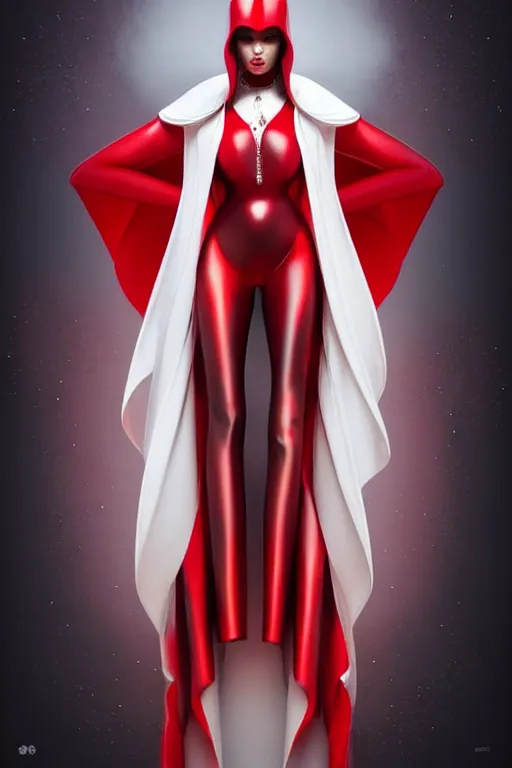 Image similar to detailed beautiful noun in opened white gold red coat, seductive confident pose, attractive feminine curves, intricate details, afrofuturism, futuristic, alien, elegant cape, elegant, photorealism, trending on artstation, holy halo, advanced technology, art by moebius and vitaly bulgarov and chanthara
