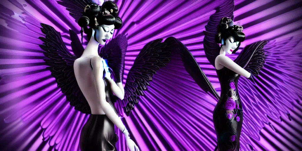 Image similar to a beautiful purple and black 3 d geometrically printed mannequin with angel wings!! in the style of a geisha demon, chrome roses!! dripping black iridescent liquid, winged victory, moody, dramatic, introspective, 4 k, trending on artstation, photorealistic, volumetric lighting, octane render, tarot card with ornate border frame h - 1 0 2 4